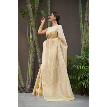 Isadora Life Gold Woven Pre-Draped Saree with Unstitched Blouse