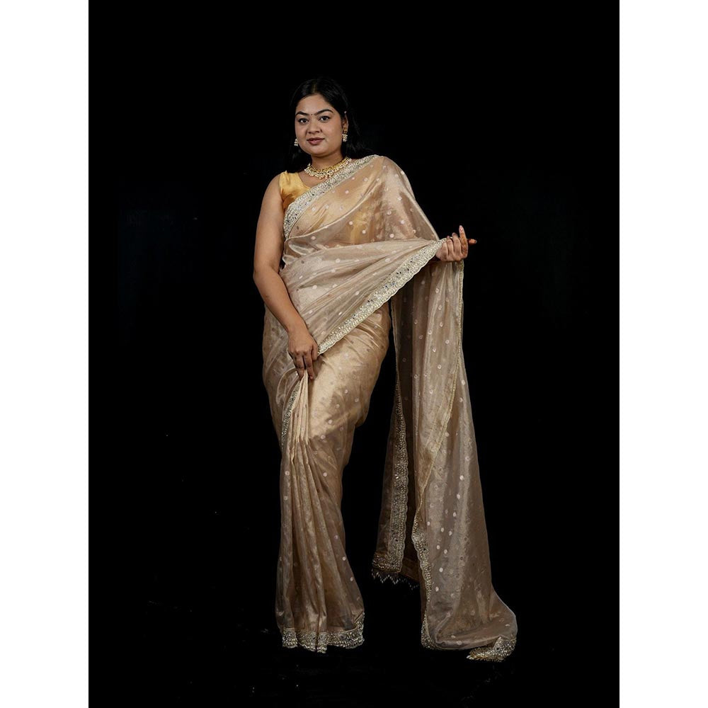Isadora Life Gold Embroidered Pre-Draped Saree with Unstitched Blouse