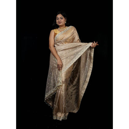 Isadora Life Gold Embroidered Pre-Draped Saree with Unstitched Blouse
