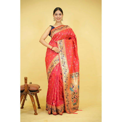 Isadora Life Red Woven Pre-Draped Saree with Unstitched Blouse