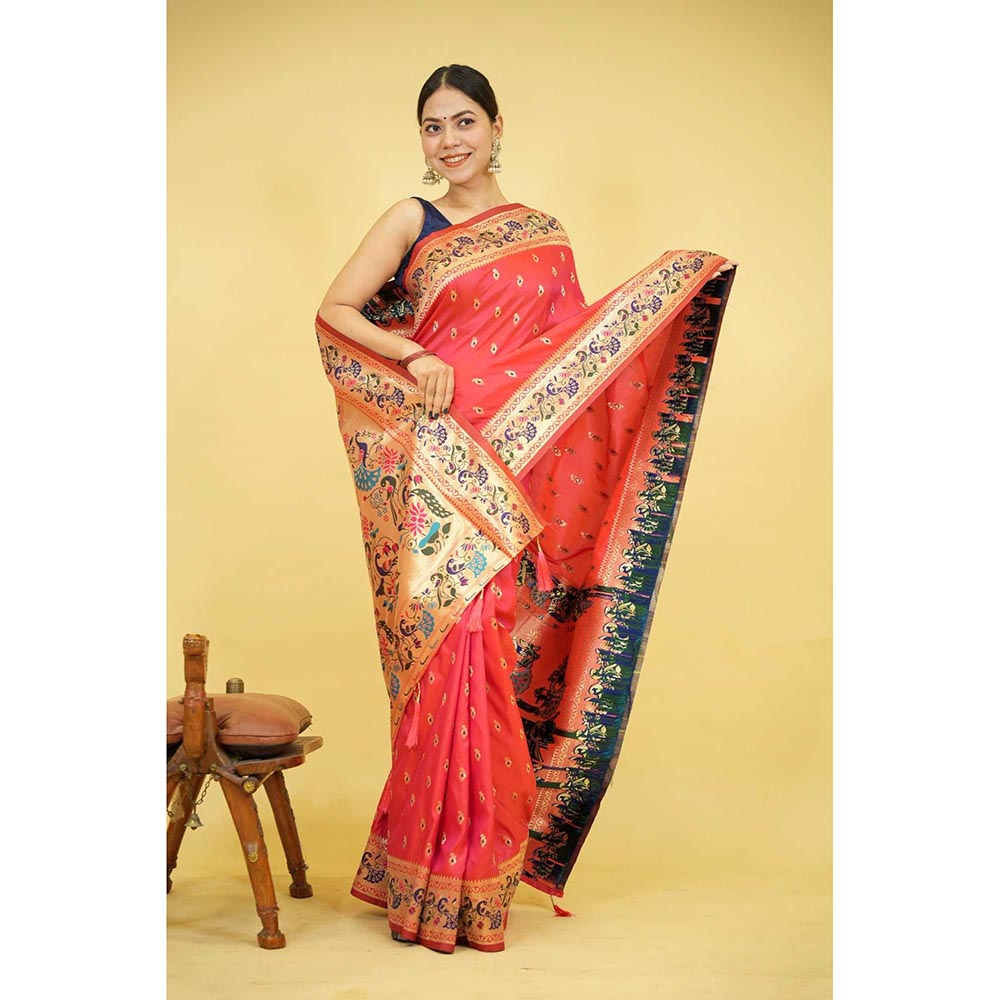 Isadora Life Red Woven Pre-Draped Saree with Unstitched Blouse