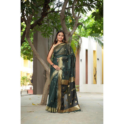 Isadora Life Green Woven Pre-Draped Saree with Unstitched Blouse