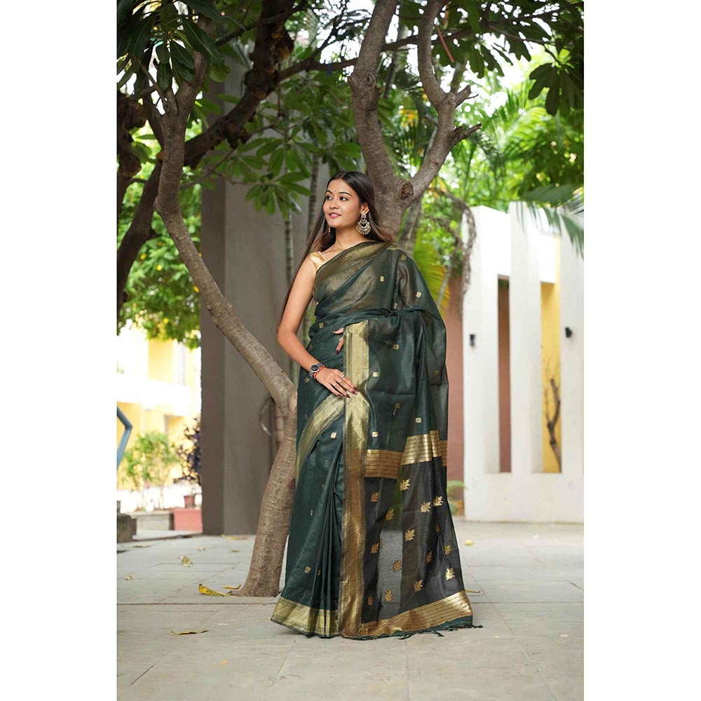 Isadora Life Green Woven Pre-Draped Saree with Unstitched Blouse