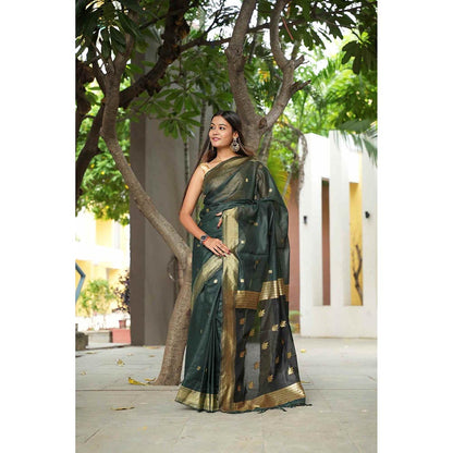 Isadora Life Green Woven Pre-Draped Saree with Unstitched Blouse
