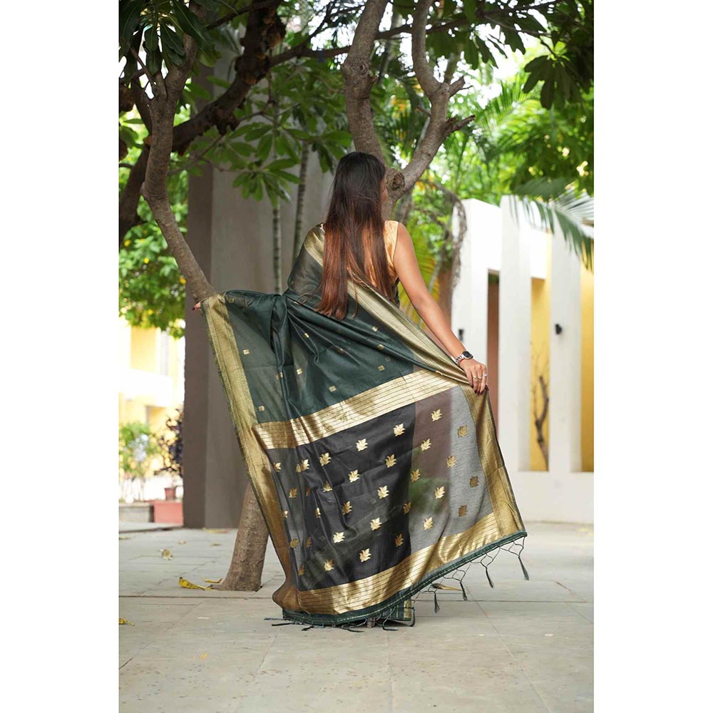 Isadora Life Green Woven Pre-Draped Saree with Unstitched Blouse