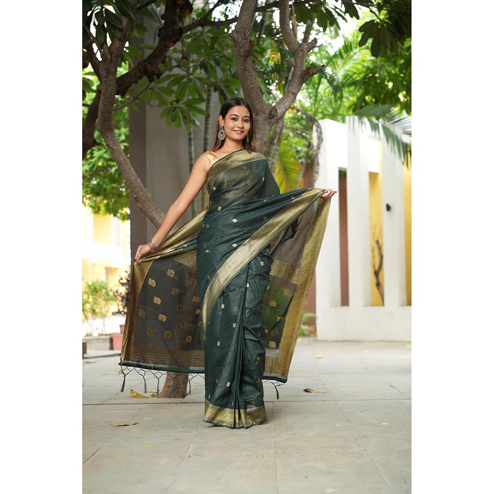 Isadora Life Green Woven Pre-Draped Saree with Unstitched Blouse