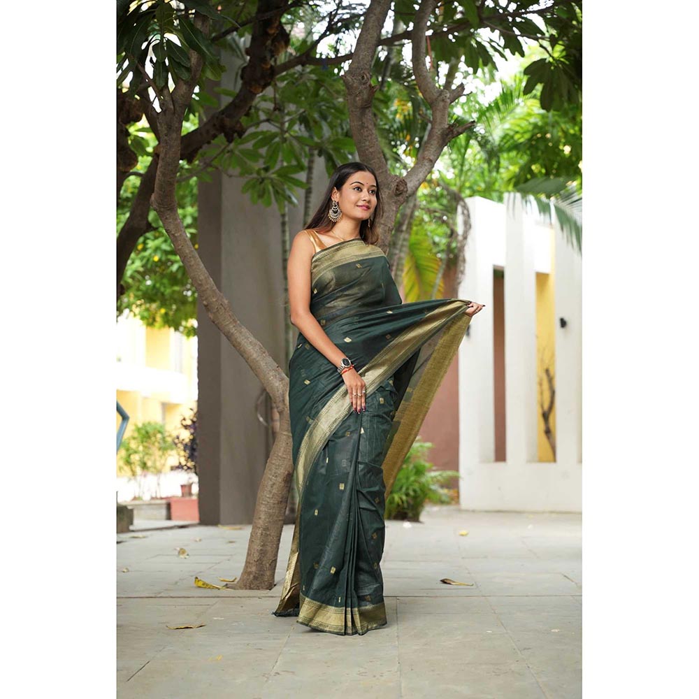 Isadora Life Green Woven Pre-Draped Saree with Unstitched Blouse