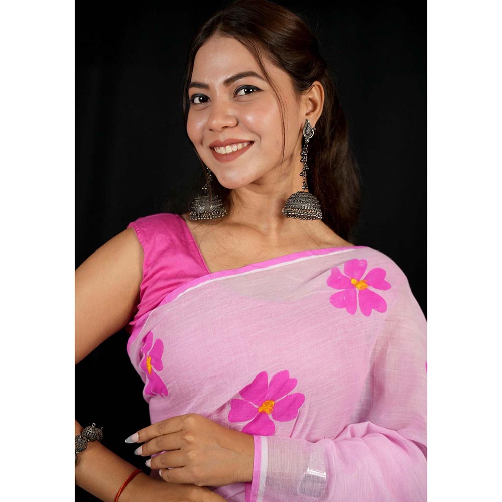 Isadora Life Pink Floral Pre-Draped Saree with Unstitched Blouse
