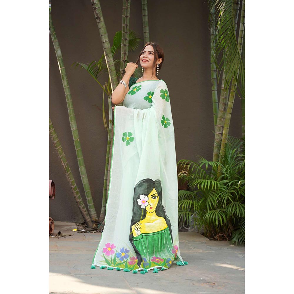 Isadora Life Green Floral Pre-Draped Saree with Unstitched Blouse