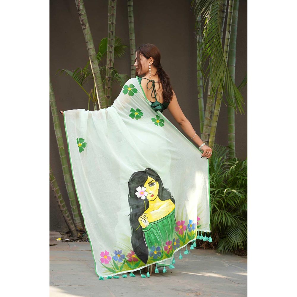 Isadora Life Green Floral Pre-Draped Saree with Unstitched Blouse