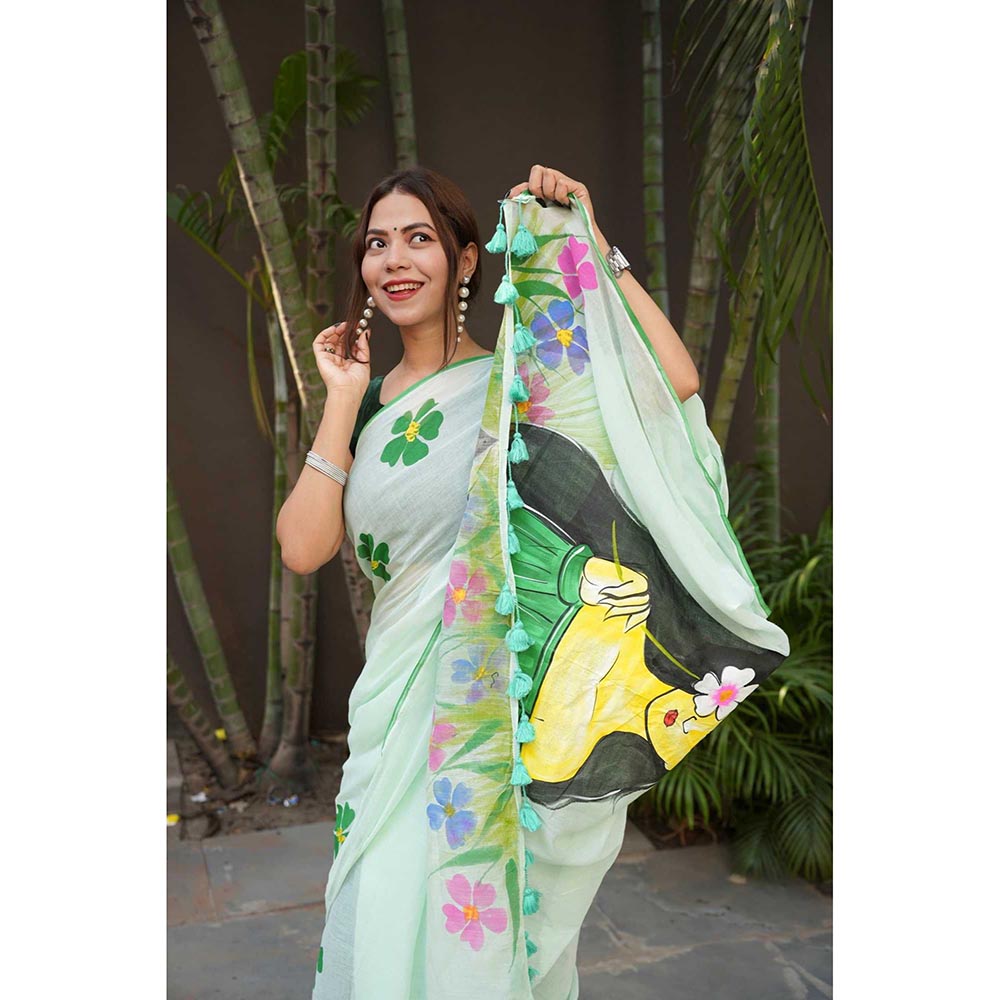 Isadora Life Green Floral Pre-Draped Saree with Unstitched Blouse