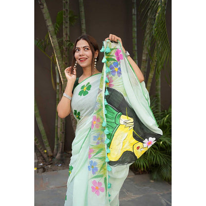 Isadora Life Green Floral Pre-Draped Saree with Unstitched Blouse