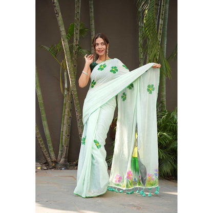 Isadora Life Green Floral Pre-Draped Saree with Unstitched Blouse