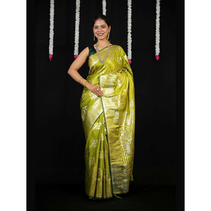 Isadora Life Green Floral Pre-Draped Saree with Unstitched Blouse