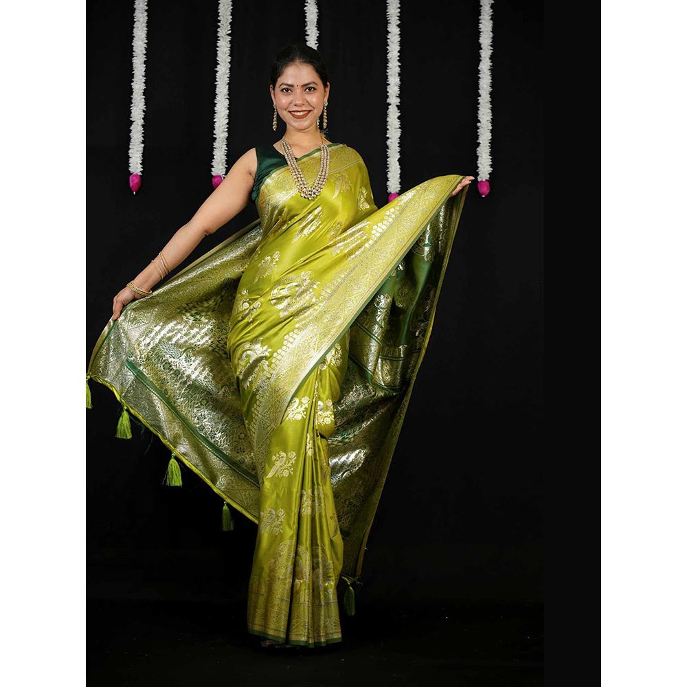 Isadora Life Green Floral Pre-Draped Saree with Unstitched Blouse