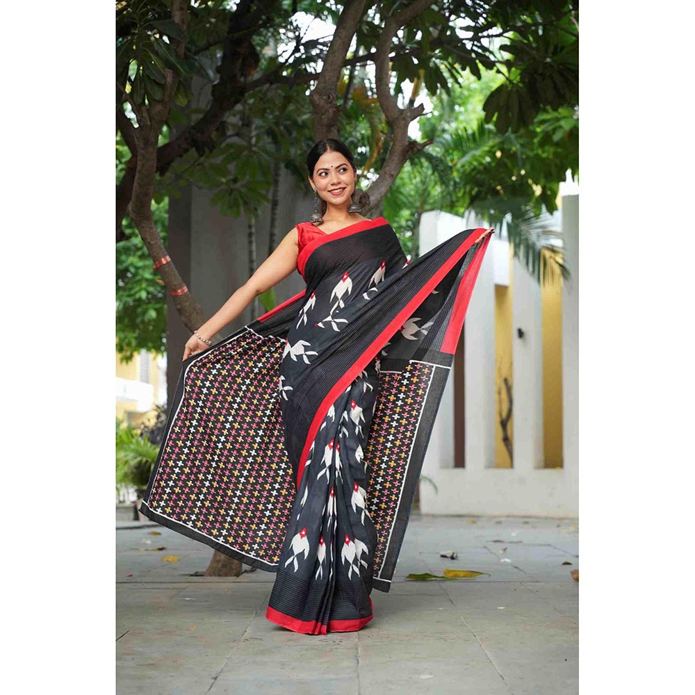 Isadora Life Black Printed Pre-Draped Saree with Unstitched Blouse