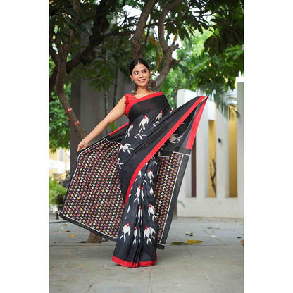 Isadora Life Black Printed Pre-Draped Saree with Unstitched Blouse