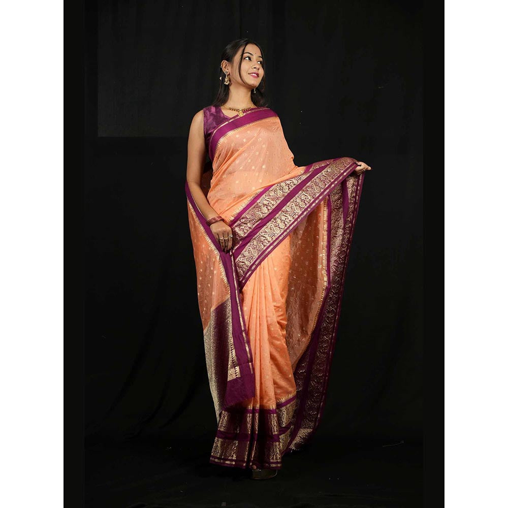Isadora Life Peach Floral Pre-Draped Saree with Unstitched Blouse