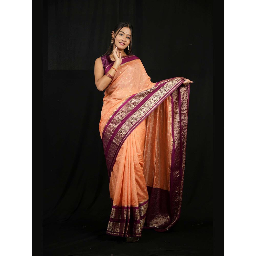 Isadora Life Peach Floral Pre-Draped Saree with Unstitched Blouse