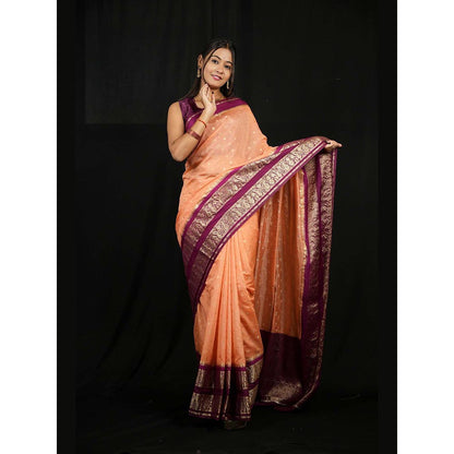 Isadora Life Peach Floral Pre-Draped Saree with Unstitched Blouse