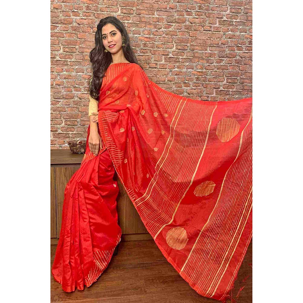 Isadora Life Red Woven Pre-Draped Saree with Unstitched Blouse