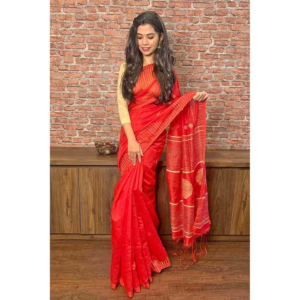 Isadora Life Red Woven Pre-Draped Saree with Unstitched Blouse