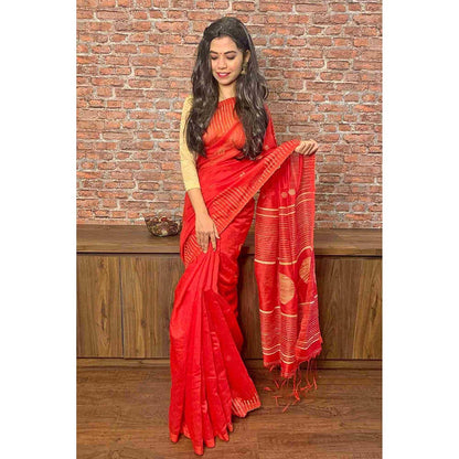 Isadora Life Red Woven Pre-Draped Saree with Unstitched Blouse
