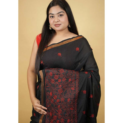 Isadora Life Black Embroidered Pre-Draped Saree with Unstitched Blouse