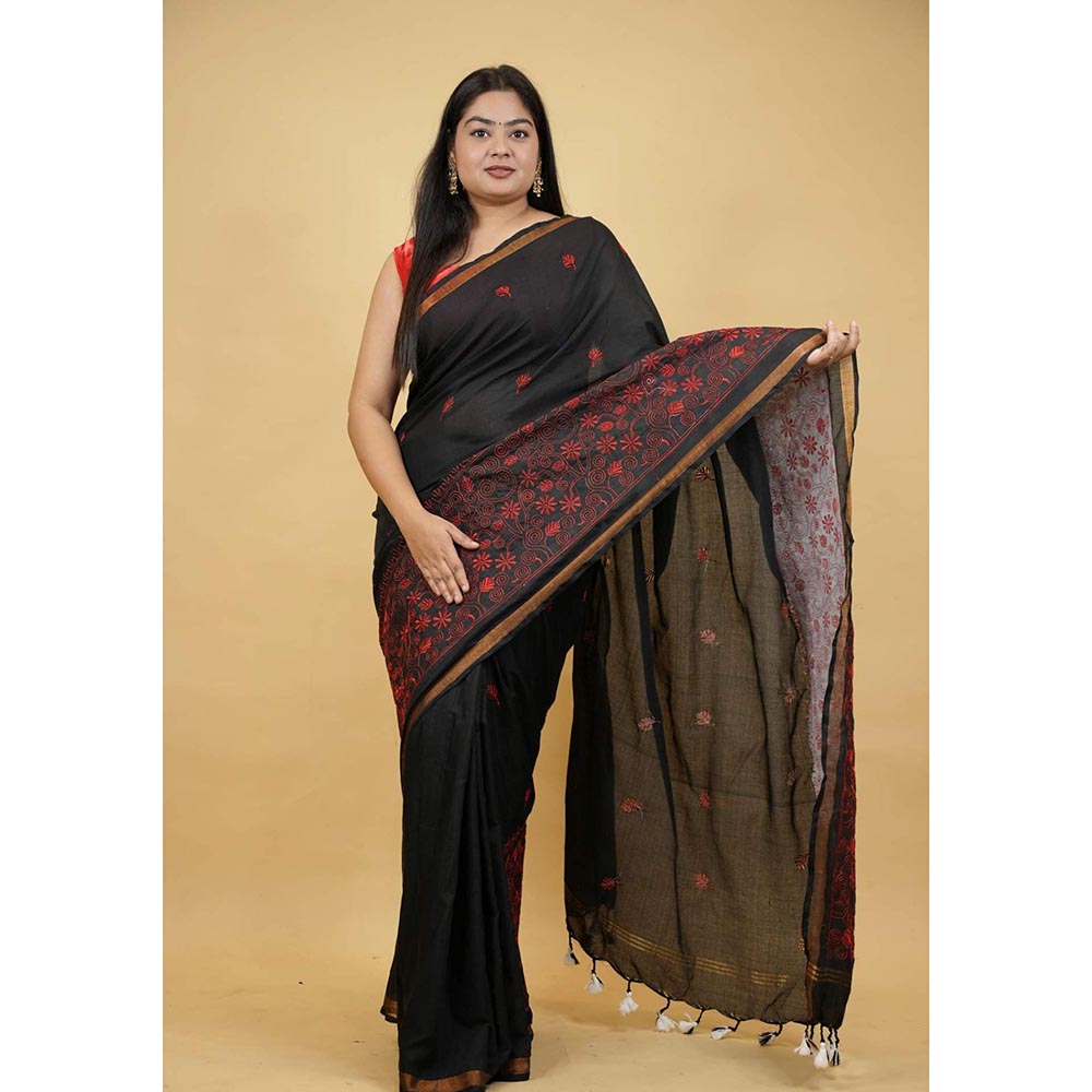 Isadora Life Black Embroidered Pre-Draped Saree with Unstitched Blouse