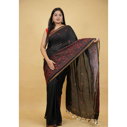 Isadora Life Black Embroidered Pre-Draped Saree with Unstitched Blouse