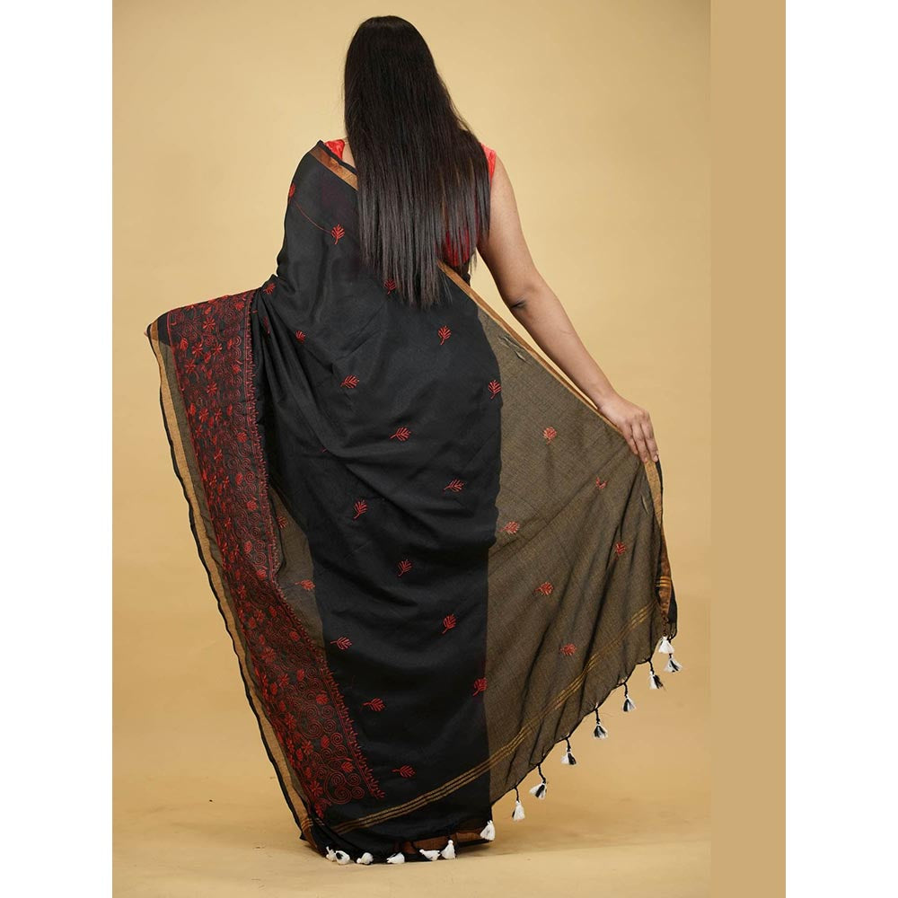Isadora Life Black Embroidered Pre-Draped Saree with Unstitched Blouse