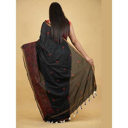 Isadora Life Black Embroidered Pre-Draped Saree with Unstitched Blouse