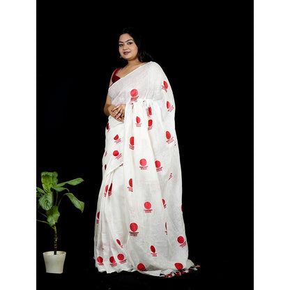Isadora Life White Geometric Pre-Draped Saree with Unstitched Blouse