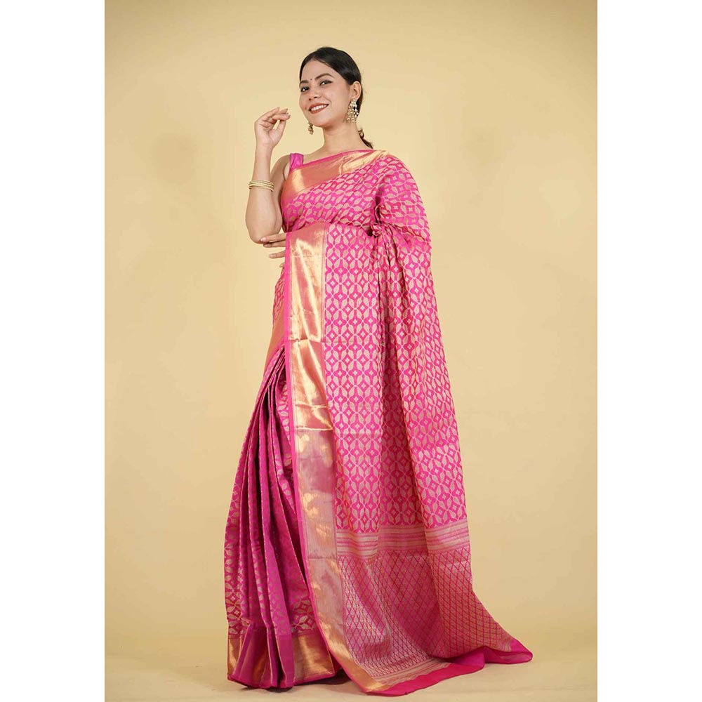 Isadora Life Pink Floral Pre-Draped Saree with Unstitched Blouse