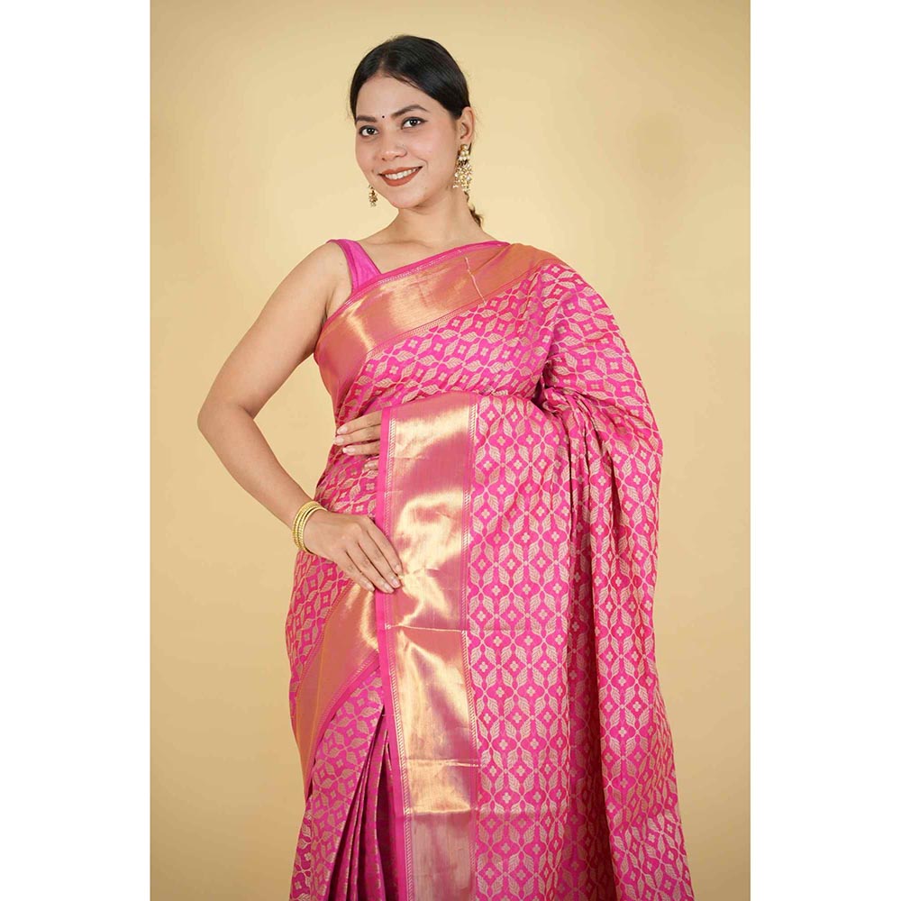 Isadora Life Pink Floral Pre-Draped Saree with Unstitched Blouse