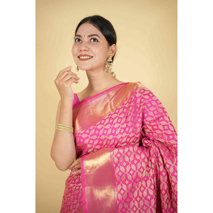 Isadora Life Pink Floral Pre-Draped Saree with Unstitched Blouse