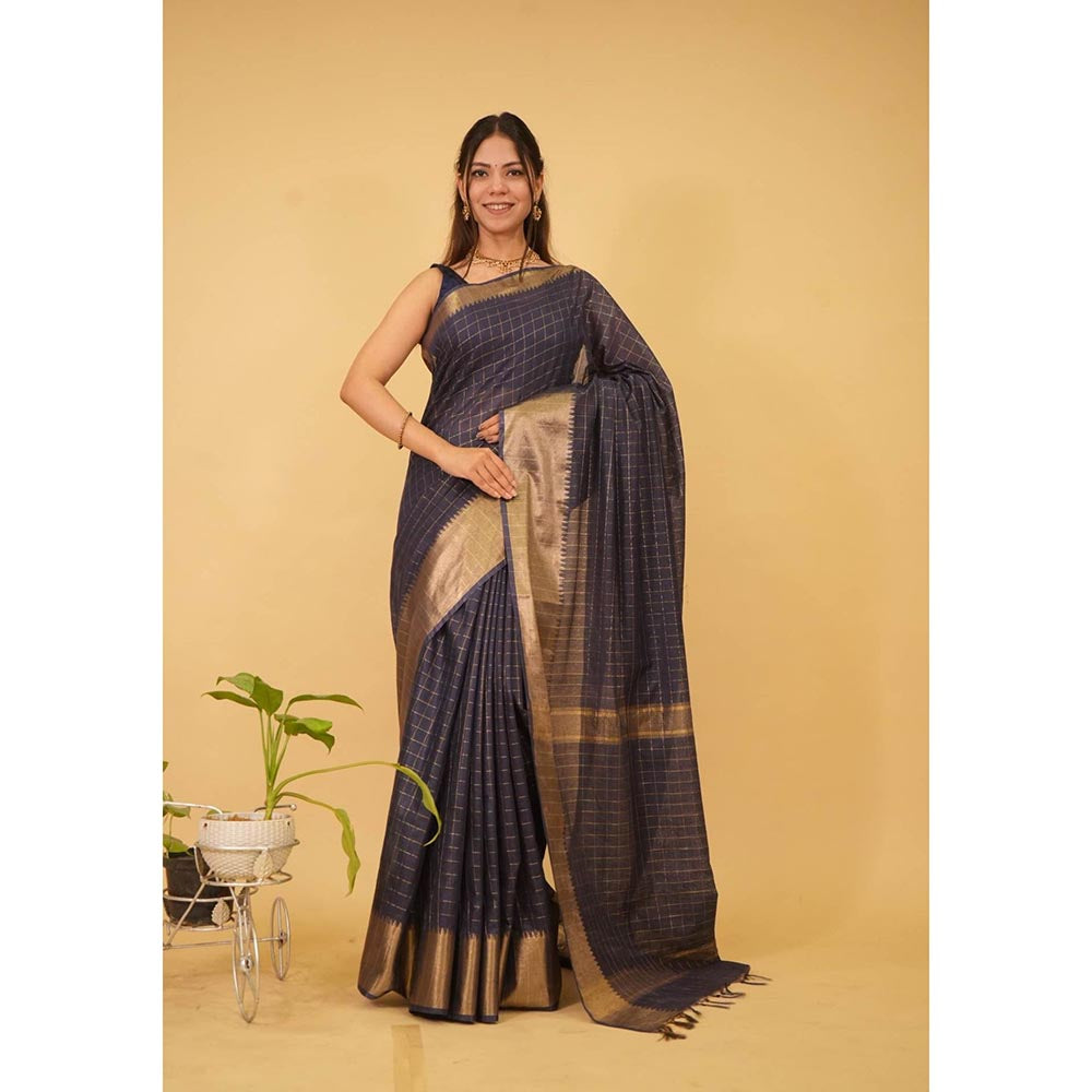 Isadora Life Black Checks Pre-Draped Saree with Unstitched Blouse