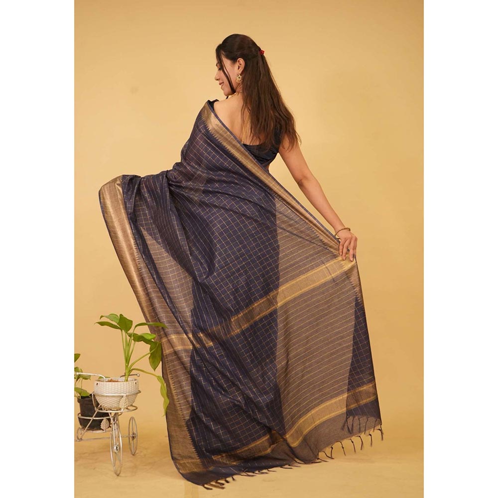 Isadora Life Black Checks Pre-Draped Saree with Unstitched Blouse