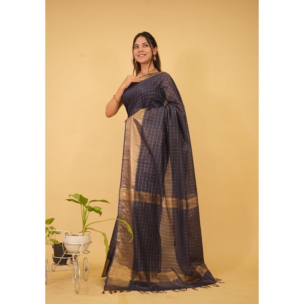 Isadora Life Black Checks Pre-Draped Saree with Unstitched Blouse