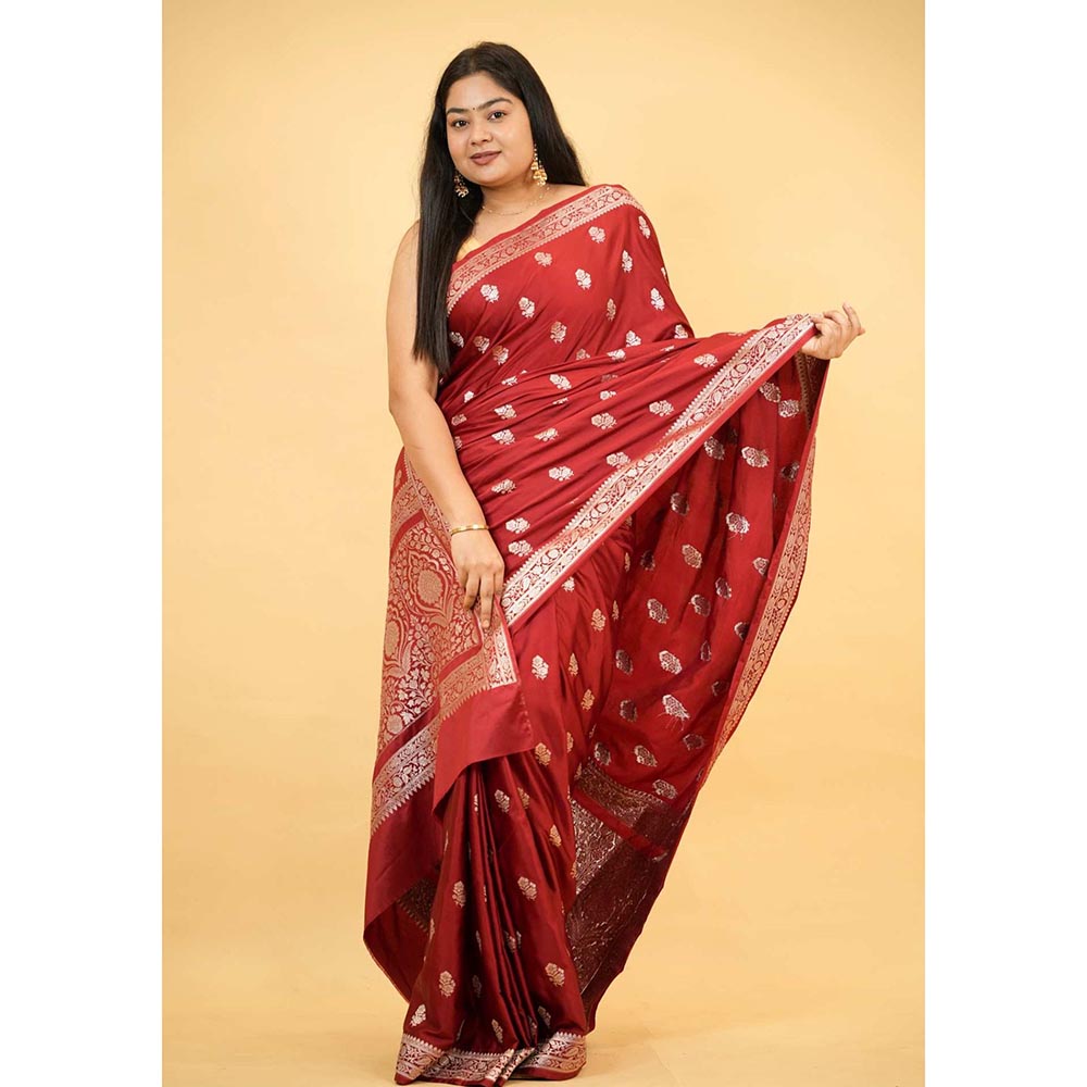 Isadora Life Red Floral Pre-Draped Saree with Unstitched Blouse