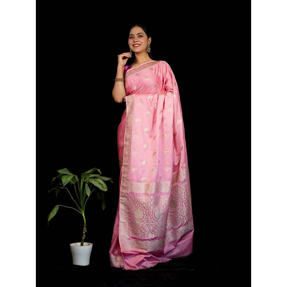 Isadora Life Pink Floral Pre-Draped Saree with Unstitched Blouse