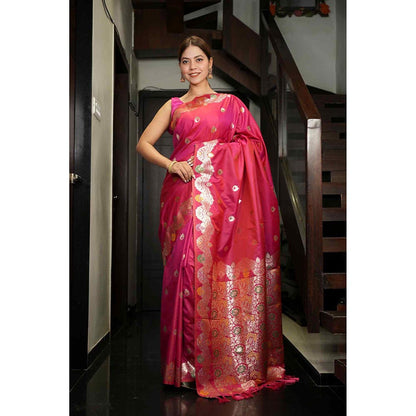 Isadora Life Peach Woven Pre-Draped Saree with Unstitched Blouse