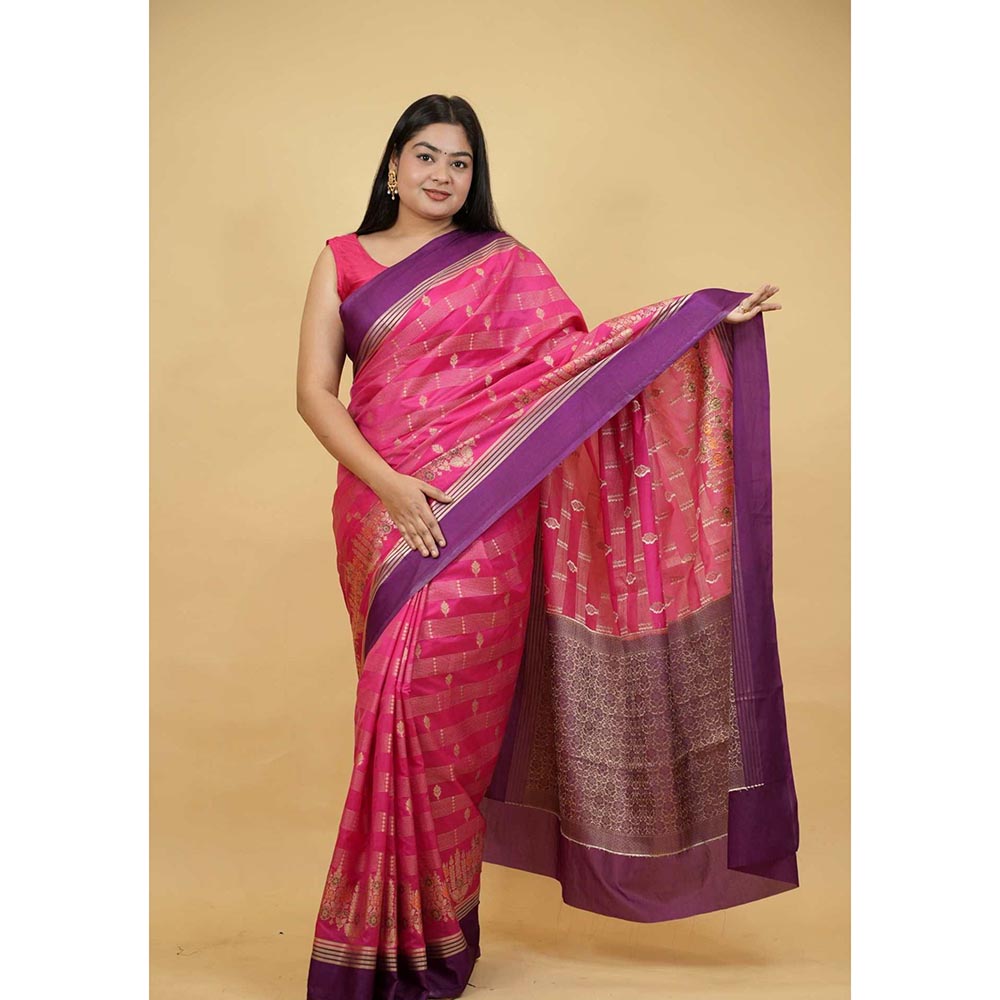 Isadora Life Pink Woven Pre-Draped Saree with Unstitched Blouse