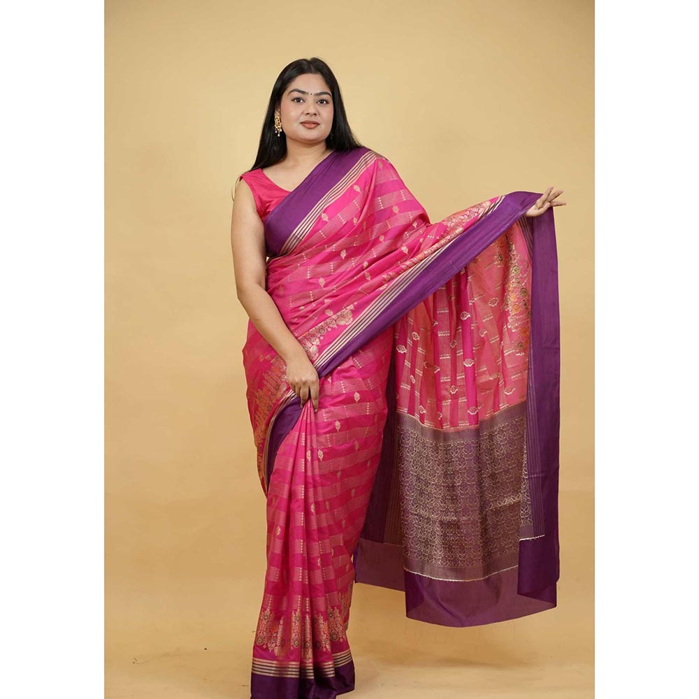 Isadora Life Pink Woven Pre-Draped Saree with Unstitched Blouse
