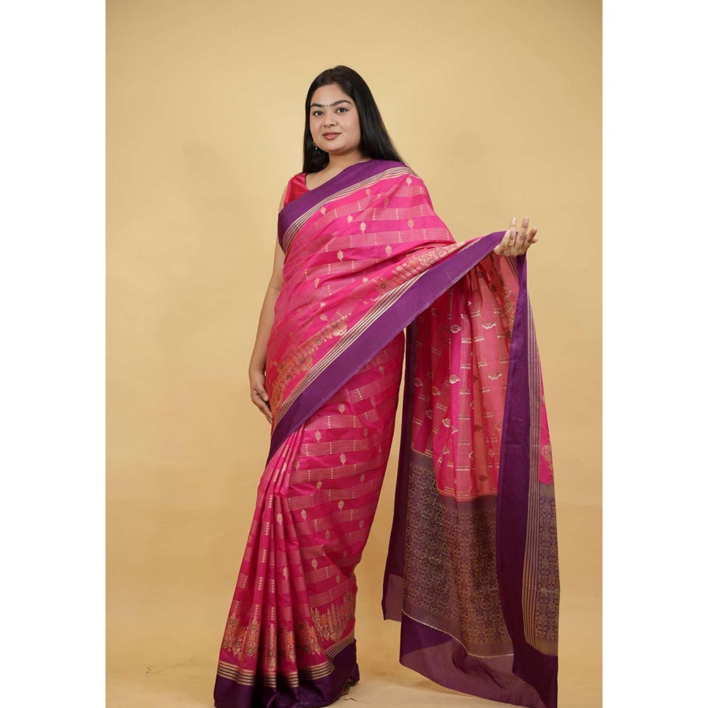 Isadora Life Pink Woven Pre-Draped Saree with Unstitched Blouse