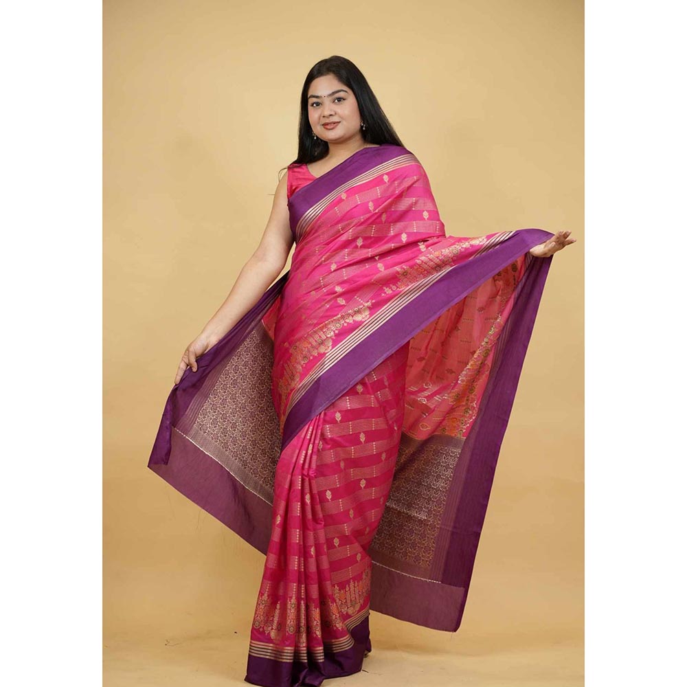 Isadora Life Pink Woven Pre-Draped Saree with Unstitched Blouse