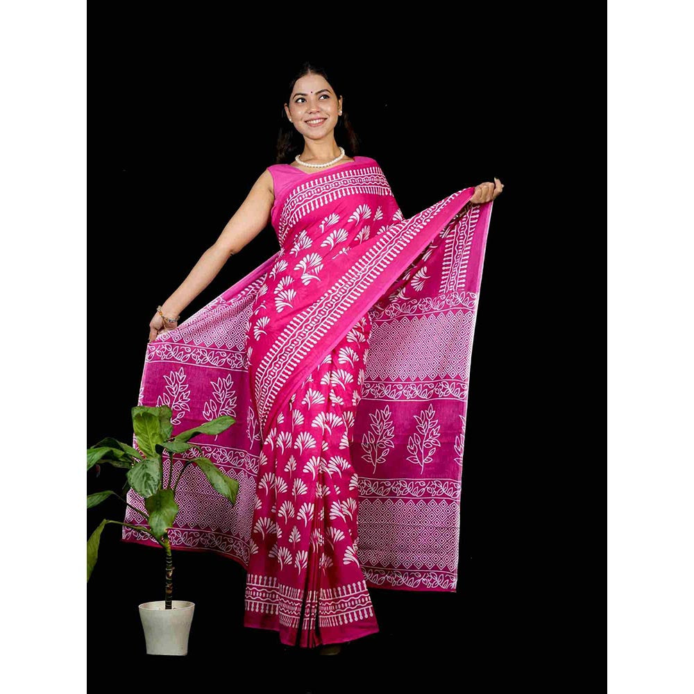Isadora Life Pink Printed Pre-Draped Saree with Unstitched Blouse