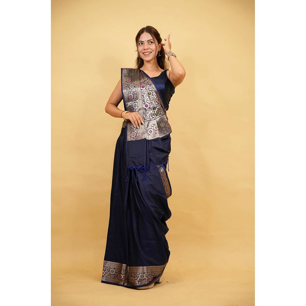 Isadora Life Blue Floral Pre-Draped Saree with Unstitched Blouse