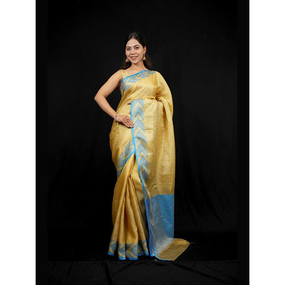 Isadora Life Gold Woven Pre-Draped Saree with Unstitched Blouse
