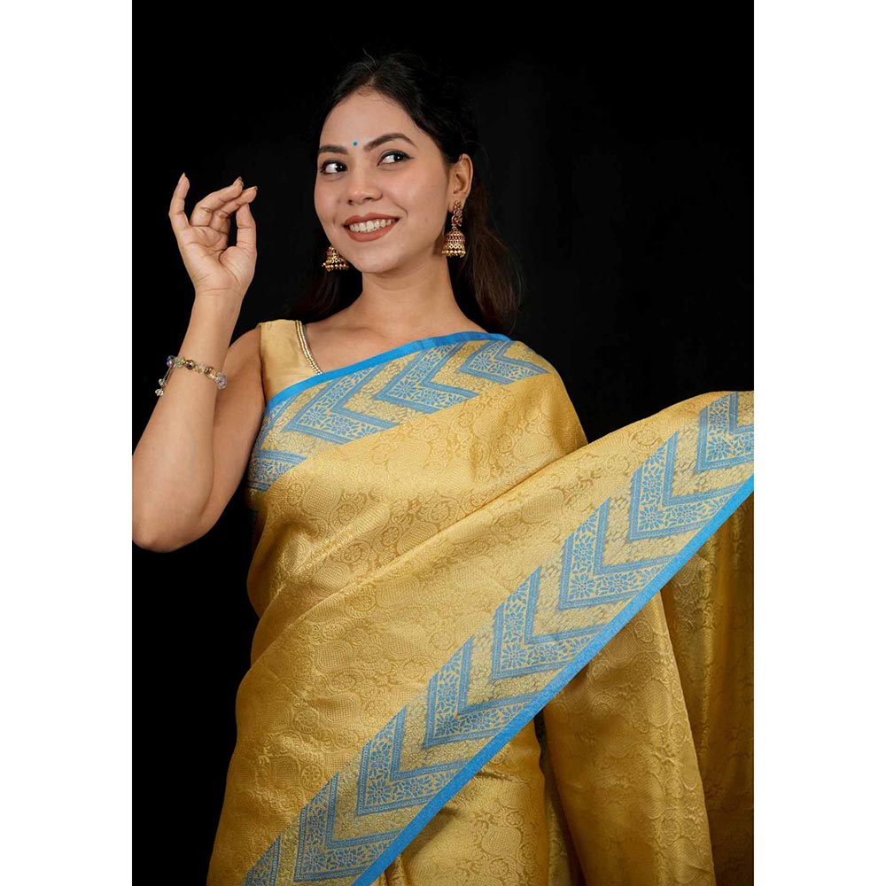 Isadora Life Gold Woven Pre-Draped Saree with Unstitched Blouse